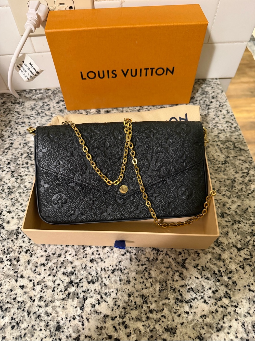Louis Vuitton Black Embossed Monogram Crossbody with Gold Chain